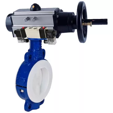 Water Butterfly Valve DNOVA WBV3434Pf-2W-Fb, wafer, body - carbon steel WCB, disk - carbon steel WCB, seal - PTFE, with pneumatic drive PA-DA-105-1, with pneumatic distributor 4V320-10 220V