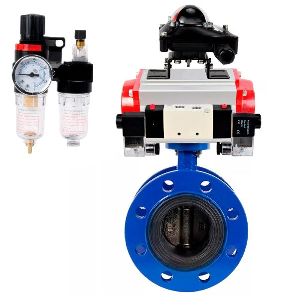 Water Butterfly Valve DNOVA WBV1331E-2W-F-H, body material - Cast iron GGG40/EN-GJS-400-15, disk material - Stainless steel AISI 304, seal - EPDM, pneumatic actuator PA-SA with return springs, 4V320-08 220V, LSU APL-210N, ATU AFC2000
