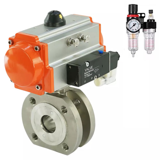 Ball valves DNOVA BV3232P-FP-Fb-ISO-H,  body material - Stainless steel AISI 316, seal - PTFE / PTFE / Teflon, with pneumatic actuator with return springs PA-SA, 4V320-08 220V, ATU AFC2000