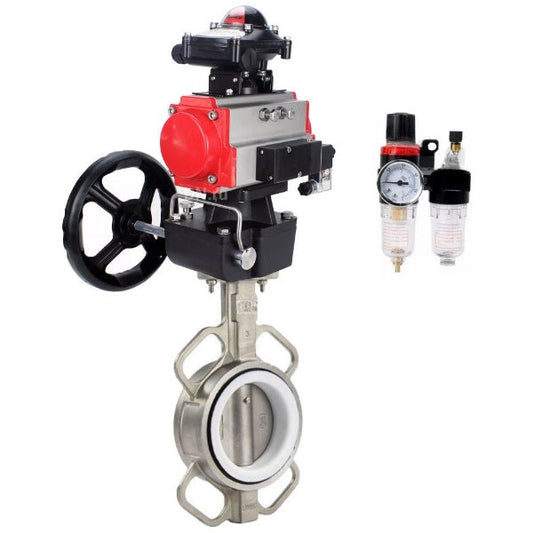 Butterfly valve DNOVA WBV3232P-2W-Fb-H, body material - stainless steel AISI 316L, disk material - stainless steel AISI 316L, seal - PTFE, with pneumatic actuator double action PA-DA, 4V320-10 220V, LSU APL-410N Ex, handwheel MON, ATU AFC2000