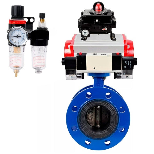 Water Butterfly Valve DNOVA WBV1331E-2W-F-H, body material - Cast iron GGG40/EN-GJS-400-15, disk material - Stainless steel AISI 304, seal - EPDM, pneumatic actuator PA-SA with return springs, 4V320-10 220V, LSU APL-410N EX, ATU AFC2000