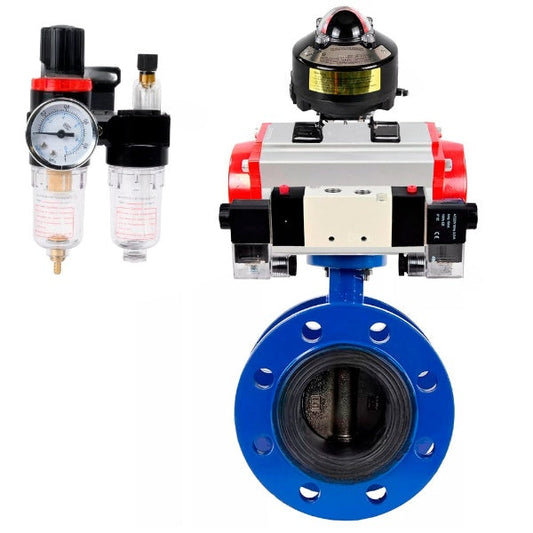 Water Butterfly Valve DNOVA WBV1331E-2W-F-H, body material - Cast iron GGG40/EN-GJS-400-15, disk material - Stainless steel AISI 304, seal - EPDM, pneumatic actuator PA-SA with return springs, 4V320-08 220V, LSU APL-510N EX, ATU AFC2000