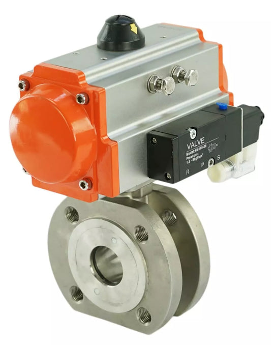 Ball valves DNOVA BV3232P-FP-Fb-ISO-H 16 bar, full bore wafer, stainless steel SS316, seal - PTFE, with pneumatic actuator PA-SA with return springs, with pneumatic distributor 4V320-10 220V