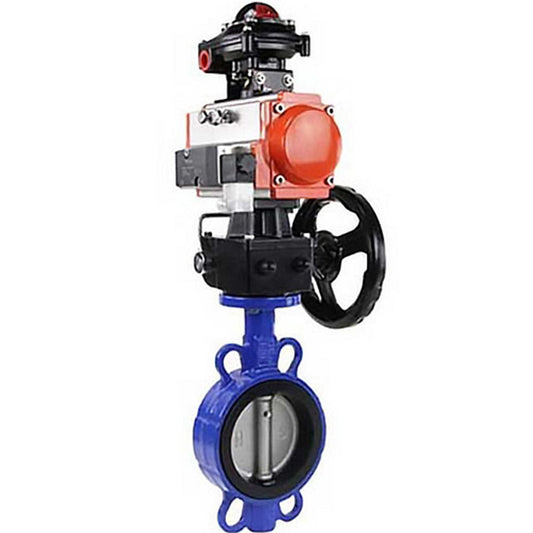 Water Butterfly Valve DNOVA WBV1616E-2W-Fb-H, body material - cast iron QT450, disk material - cast iron QT450, seal - EPDM, pneumatic actuator PA-DA double action, 4V320-10 220V, LSU APL-210N, handwheel MON