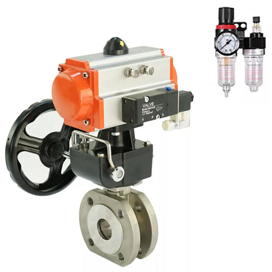 Ball valves DNOVA BV3232P-FP-Fb-ISO-H,  body material - Stainless steel AISI 316, seal - PTFE / PTFE / Teflon, with pneumatic actuator double action PA-DA, 4V320-10 220V, handwheel MON, ATU AFC2000