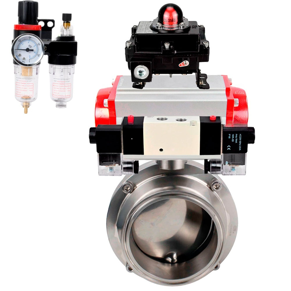 Water Butterfly valves DNOVA WBV3131S-2W-C-H, body material - stainless steel AISI 304, seal - Silicon, with pneumatic actuator PA-DA-052 double action, 4V320-08 220V, LSU APL-410N EX, ATU AFC2000