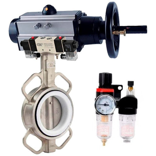Válvula de mariposa DNOVA WBV3232P-2W-Fb-H, material del cuerpo: acero inoxidable AISI 316L, material del disco: acero inoxidable AISI 316L, junta: PTFE, con actuador neumático de doble acción PA-DA-105-1, 4V320-08 220V, ATU AFC2000
