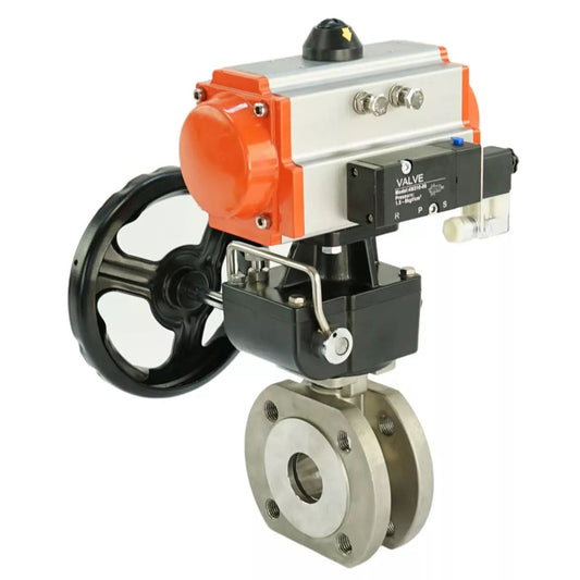 Ball valves DNOVA BV3232P-FP-Fb-ISO-H,  body material - Stainless steel AISI 316, seal - PTFE / PTFE / Teflon, with pneumatic actuator double action PA-DA, 4V320-10 220V, handwheel MON