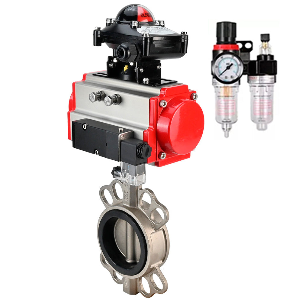 Water Butterfly Valve DNOVA WBV3131V-2W-Fb-H, body material - Stainless steel AISI 304, disk material - Stainless steel AISI 304, seal - Viton, pneumatic actuator PA-SA with return springs, 4V320-10 220V, LSU APL-410N EX ATU AFC2000