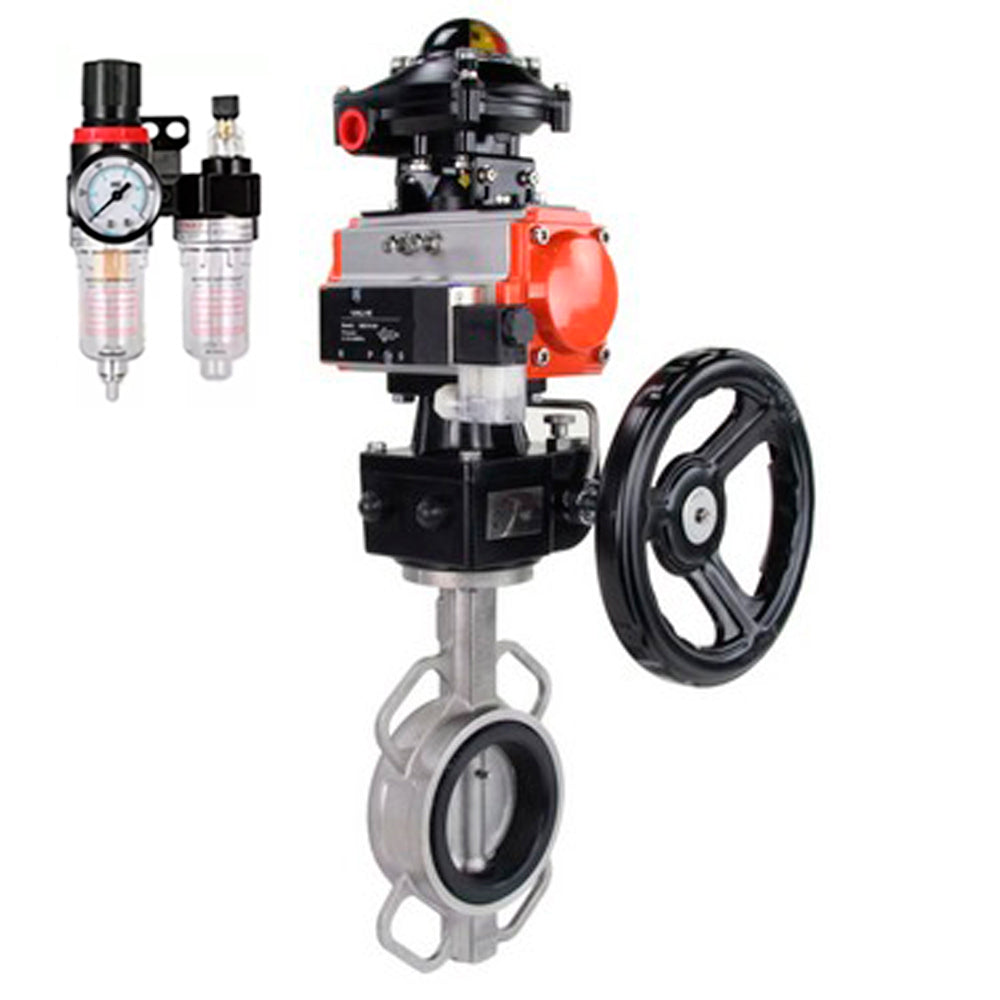 Water Butterfly Valve DNOVA WBV3131E-2W-Fb-H, body material - Stainless steel AISI 304, disk material - Stainless steel AISI 304, seal - EPDM, pneumatic actuator PA-DA double action, 4V320-08 220V, LSU APL-510N EX, handwheel MON, ATU AFC2000