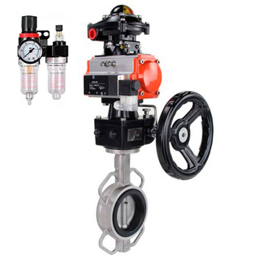 Water Butterfly Valve DNOVA WBV3131N-2W-Fb-H, body material - Stainless steel AISI 304, disk material - Stainless steel AISI 304, seal - NBR, pneumatic actuator PA-DA double action, 4V320-08 220V, LSU APL-410N EX, handwheel MON, ATU AFC2000