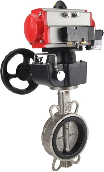 Water Butterfly Valve DNOVA WBV3131V-2W-Fb-H, body material - Stainless steel AISI 304, disk material - Stainless steel AISI 304, seal - Viton, pneumatic actuator PA-DA double action, 4V320-10 220V handwheel MON
