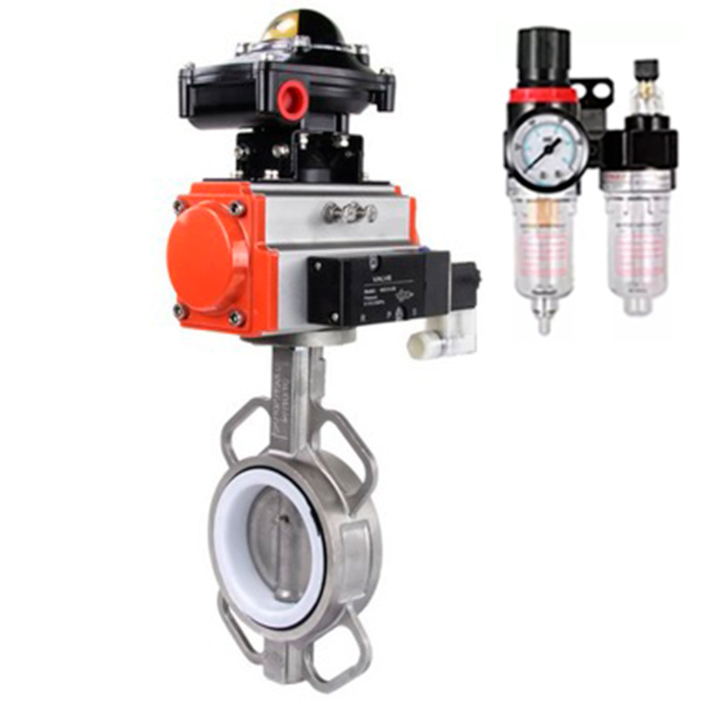 Water Butterfly Valve DNOVA WBV3131P-2W-Fb-H, body material - Stainless steel AISI 304, disk material - Stainless steel AISI 304, seal - PTFE, pneumatic actuator PA-DA double action,4M310-08 NAMUR 220V, LSU APL-410N EX ATU AFC2000