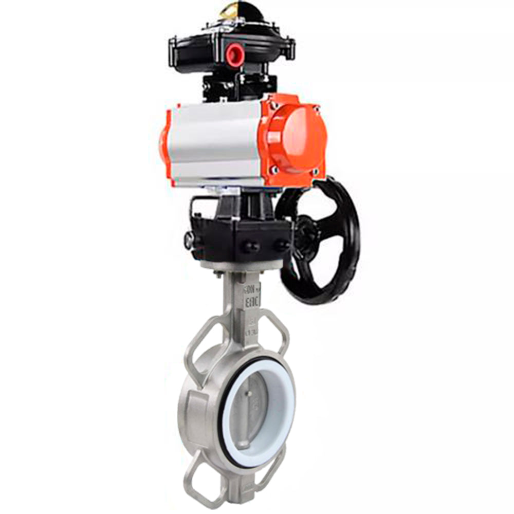 Water Butterfly Valve DNOVA WBV3131P-2W-Fb-H, body material - Stainless steel AISI 304, disk material - Stainless steel AISI 304, seal - PTFE, pneumatic actuator PA-DA double action, LSU APL-210N, handwheel MON