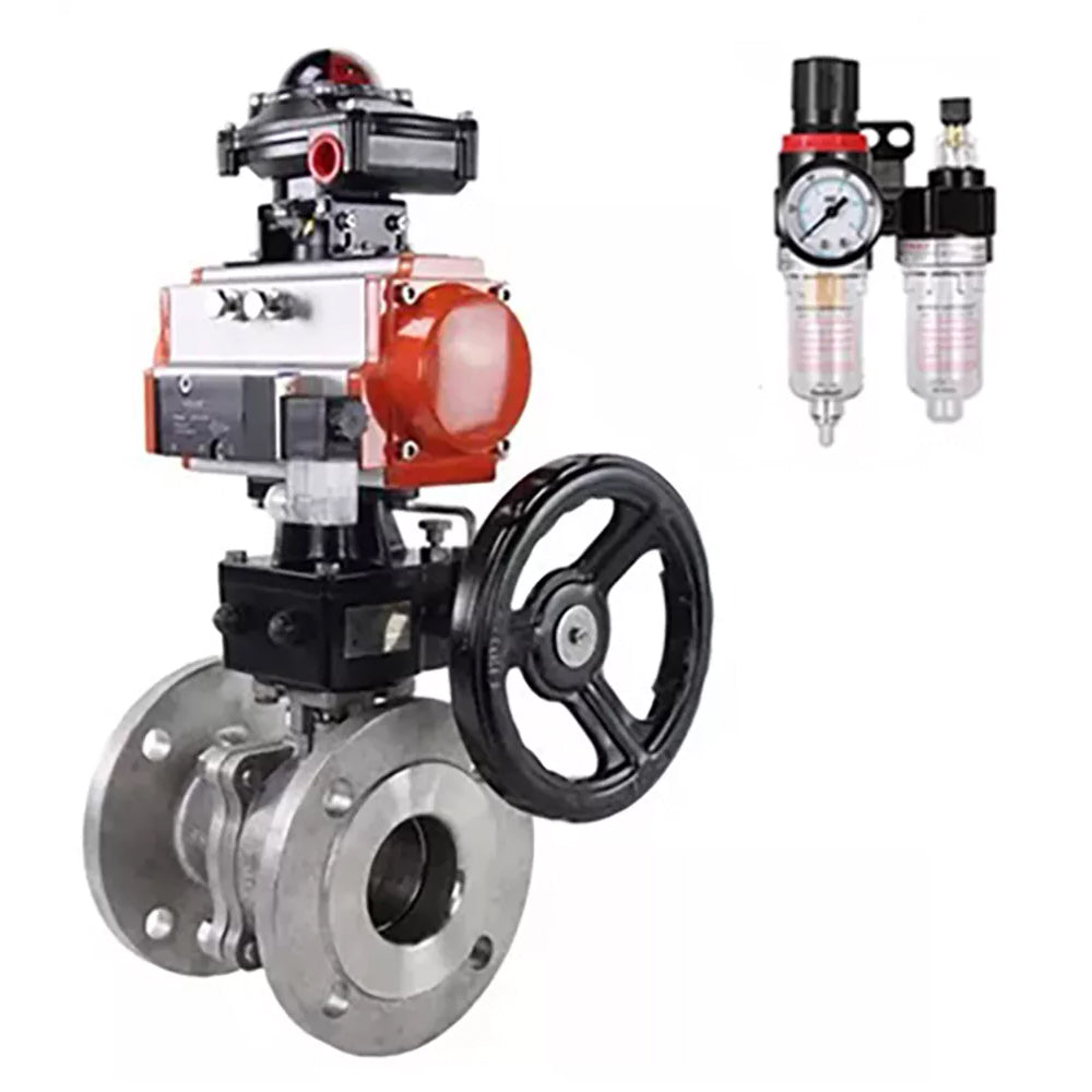 Ball valves DNOVA BV3232P(2pc)-FP-F-ISO-H, body material - Stainless steel AISI 316, seal - PTFE / PTFE / Teflon, with pneumatic actuator double action PA-DA, 4V320-08 220V, LSU APL-410N Ex, handwheel MON, ATU AFC2000
