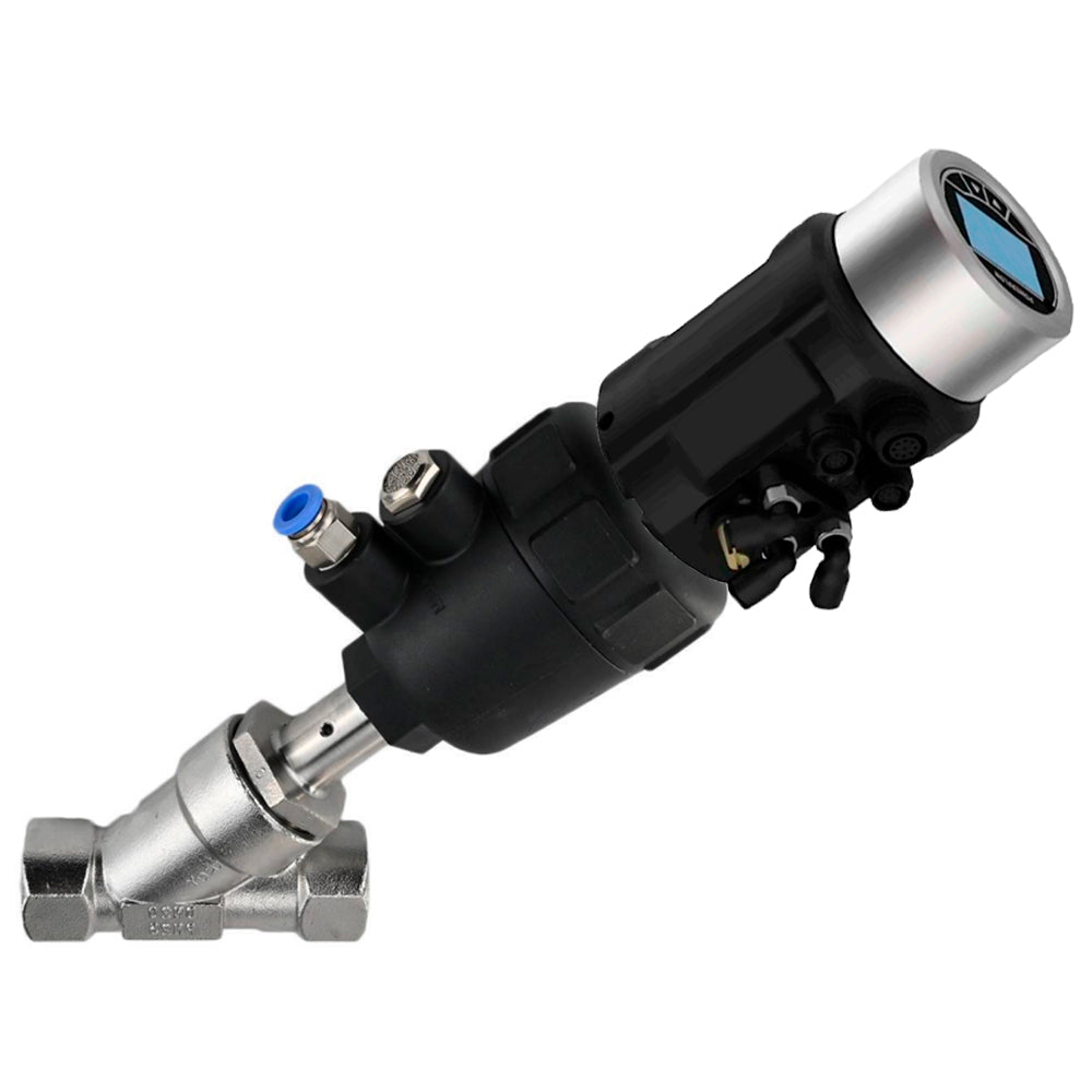 Pneumatic shut-off valves DNOVA VSP324PV-T-1PNC, body - stainless steel SS316, threaded, Y-shaped, with electropneumatic intelligent positioner EIP-1600 (stroke 5-25mm)