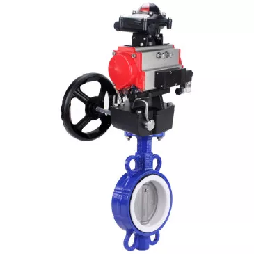 Water Butterfly Valve DNOVA WBV3432P-2W-Fb-H, body - carbon steel WCB, seal - PTFE, with pneumatic drive PA-DA, with pneumatic distributor 4V320-10 220V, BKV APL-210N, manual override MON