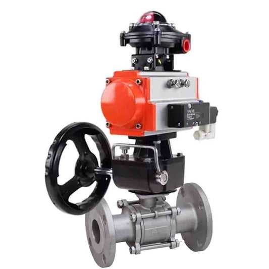 Ball valves DNOVA BV3131P(3pc)-FP-F-ISO-H,  body material - Stainless steel AISI 304, seal - PTFE / PTFE / Teflon, with pneumatic actuator double action PA-DA, 4V320-10 220V, LSU APL-410N Ex, handwheel MON