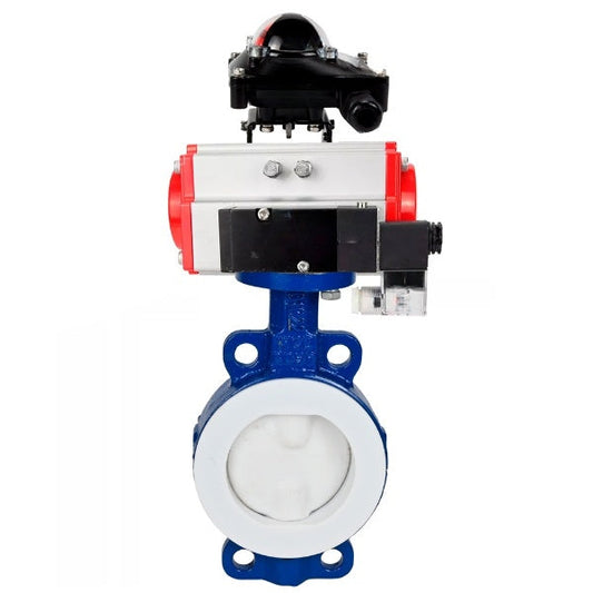 Water Butterfly Valve DNOVA WBV3434Pf-2W-Fb-H, body material - Carbon steel, disk material - Carbon steel, seal - PTFE, pneumatic actuator PA-SA with return springs, 4M310-08 220V, LSU APL-210N