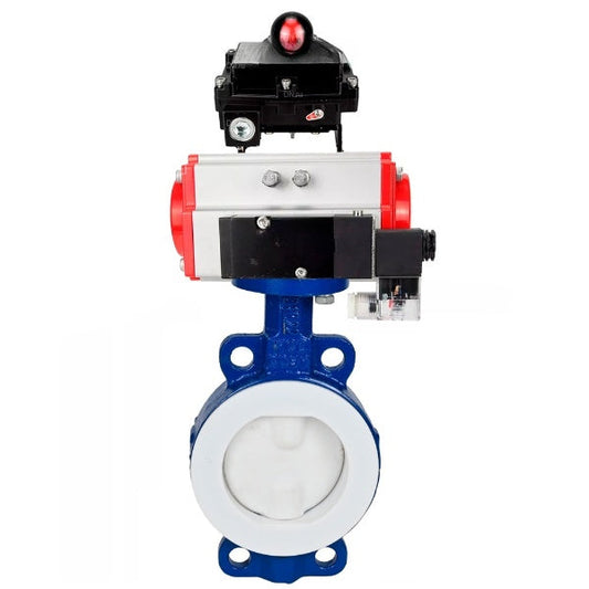Water Butterfly Valve DNOVA WBV3434Pf-2W-Fb-H, body material - Carbon steel, disk material - Carbon steel, seal - PTFE, pneumatic actuator PA-SA with return springs, 4M310-08 24V, LSU APL-410N EX