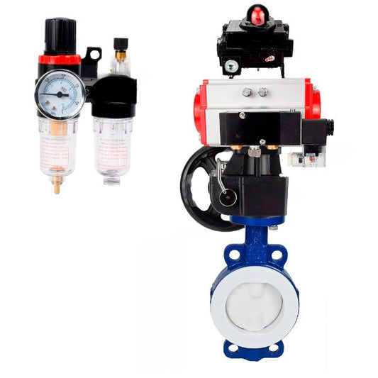 Water Butterfly Valve DNOVA WBV3434Pf-2W-Fb-H, body material - Carbon steel, disk material - Carbon steel, seal - PTFE, pneumatic actuator PA-DA double action, 4M310-08 NAMUR 24V, LSU APL-410N EX, handwheel MON, ATU AFC2000