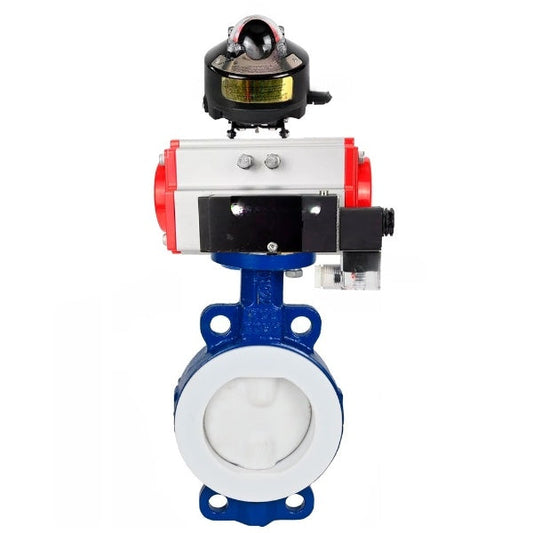 Water Butterfly Valve DNOVA WBV3434Pf-2W-Fb-H, body material - Carbon steel, disk material - Carbon steel, seal - PTFE, pneumatic actuator PA-SA with return springs, 4M310-08 24V, LSU APL-510N EX
