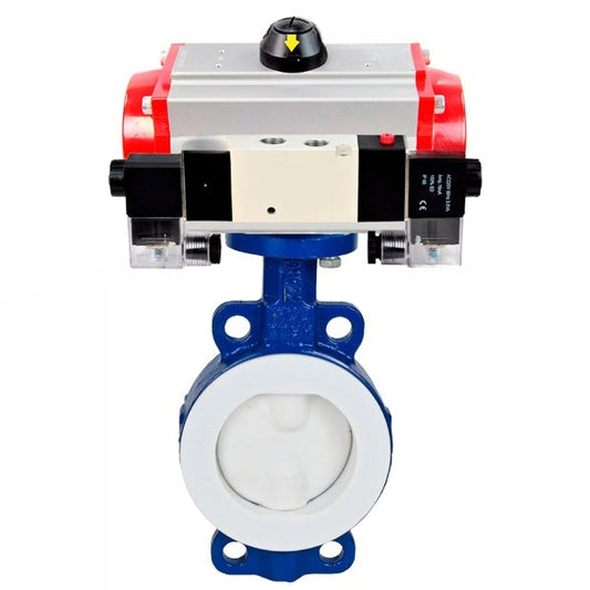 Water Butterfly Valve DNOVA WBV3434Pf-2W-Fb-H, body material - Carbon steel, disk material - Carbon steel, seal - PTFE, pneumatic actuator PA-SA with return springs, 4V320-08 220V