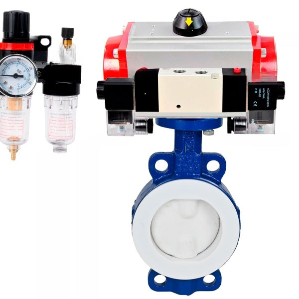Water Butterfly Valve DNOVA WBV3434Pf-2W-Fb-H, body material - Carbon steel, disk material - Carbon steel, seal - PTFE, pneumatic actuator PA-SA with return springs, 4V320-10 220V ATU AFC2000
