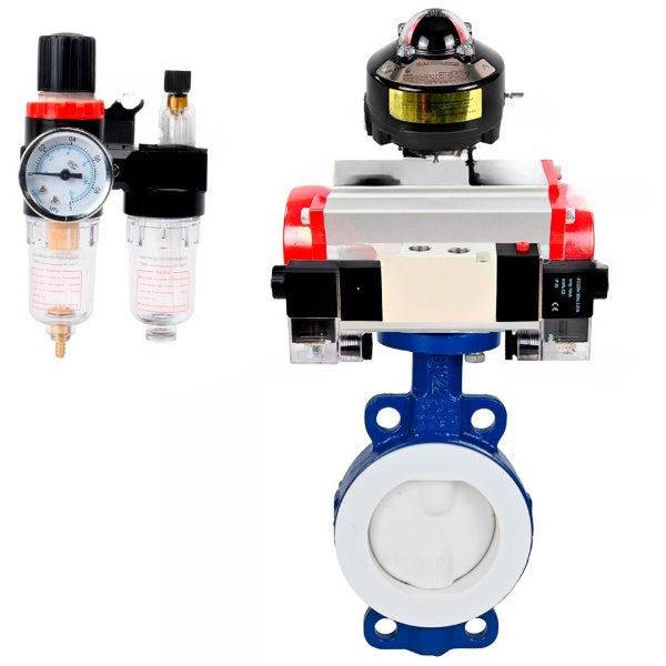 Water Butterfly Valve DNOVA WBV3434Pf-2W-Fb-H, body material - Carbon steel, disk material - Carbon steel, seal - PTFE, pneumatic actuator PA-SA with return springs, 4V320-10 220V, LSU APL-510N EX, ATU AFC2000