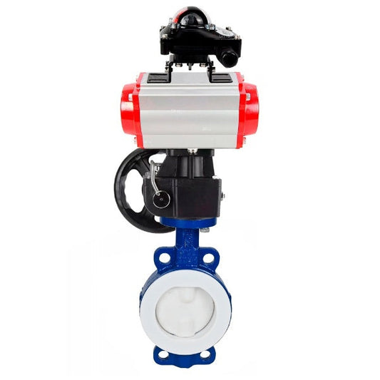 Válvula de mariposa de agua DNOVA WBV3434Pf-2W-Fb-H, material del cuerpo - Acero al carbono, material del disco - Acero al carbono, sello - PTFE, actuador neumático PA-DA doble acción, LSU APL-210N, volante MON,