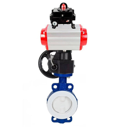 Válvula mariposa de agua DNOVA WBV3434Pf-2W-Fb-H, material del cuerpo - Acero al carbono, material del disco - Acero al carbono, sello - PTFE, actuador neumático PA-DA doble acción, LSU APL-410N EX, volante MON,