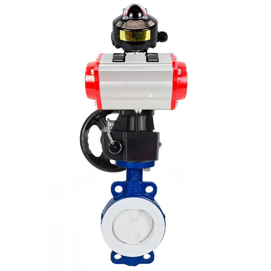 Válvula de mariposa de agua DNOVA WBV3434Pf-2W-Fb-H, material del cuerpo - Acero al carbono, material del disco - Acero al carbono, sello - PTFE, actuador neumático PA-DA doble acción, LSU APL-510N EX, volante MON,