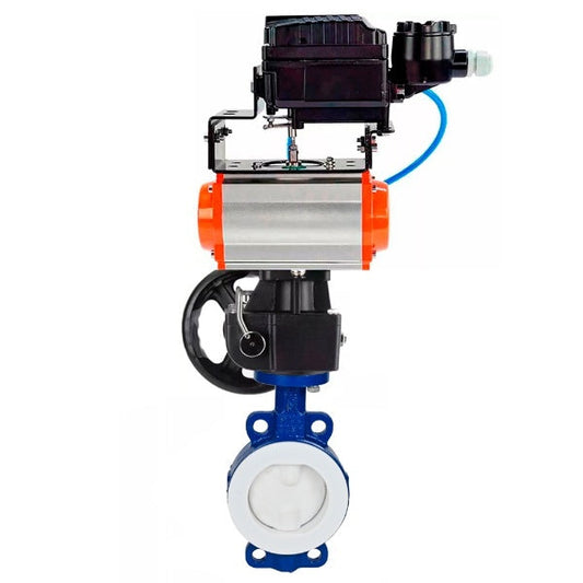 Válvula Mariposa de Agua DNOVA WBV3434Pf-2W-Fb-H, material del cuerpo - Acero al carbono, material del disco - Acero al carbono, sello - PTFE, actuador neumático PA-DA doble acción, posicionador YT-1000RSN con retroalimentación, volante MON,