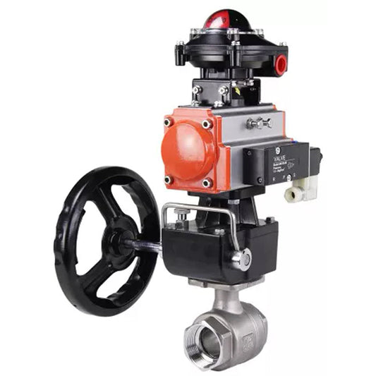 Ball valves DNOVA BV3232P(2pc)-FP-T-ISO-H,  body material - Stainless steel AISI 316, seal - PTFE / PTFE / Teflon, with pneumatic actuator double action PA-DA, 4V320-10 220V, LSU APL-210N, handwheel MON