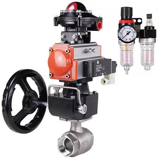 Ball valves DNOVA BV3232P(2pc)-FP-T-ISO-H,  body material - Stainless steel AISI 316, seal - PTFE / PTFE / Teflon, with pneumatic actuator double action PA-DA, 4V320-10 220V, LSU APL-210N, handwheel MON, ATU AFC2000