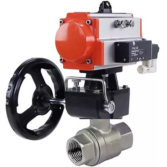 Ball valves DNOVA BV3232P(2pc)-FP-T-ISO-H,  body material - Stainless steel AISI 316, seal - PTFE / PTFE / Teflon, with pneumatic actuator double action PA-DA, 4V320-10 220V, handwheel MON