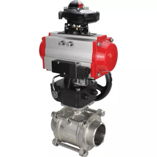 Ball valves DNOVA BV3232P(3pc)-FP-W-ISO-H,  body material - Stainless steel AISI 316, seal - PTFE / PTFE / Teflon, with pneumatic actuator double action PA-DA, 4V320-10 220V, LSU APL-410N Ex, handwheel MON