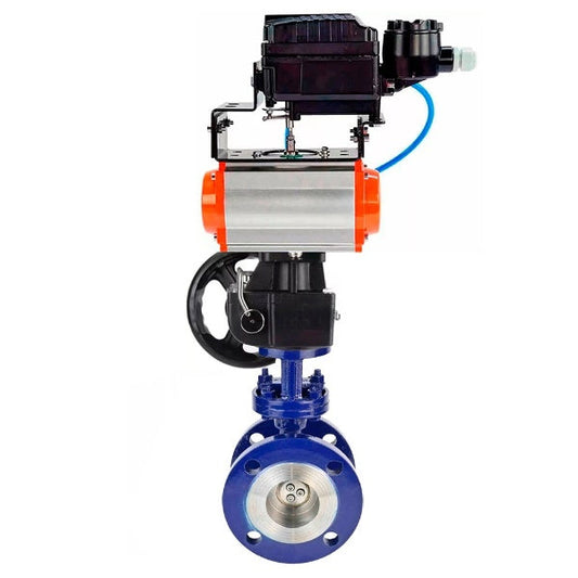 Water Butterfly Valve DNOVA WBV3EX-3432M-1W-F-ISO, body material - Carbon steel, disk material - Stainless steel AISI 316, seal - Metal, pneumatic actuator PA-DA double action, positioner YT-1000RSN without feedback, handwheel MON