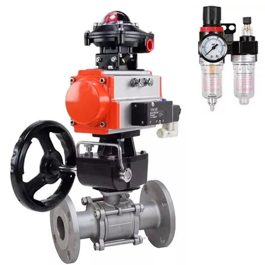 Ball valves DNOVA BV3232P(3pc)-FP-F-ISO-H,  body material - Stainless steel AISI 316, seal - PTFE / PTFE / Teflon, with pneumatic actuator double action PA-DA, 4V320-10 220V, LSU APL-410N Ex, handwheel MON, ATU AFC2000