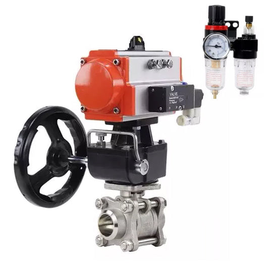 Ball valves DNOVA BV3232P(3pc)-FP-W-ISO-H,  body material - Stainless steel AISI 316, seal - PTFE / PTFE / Teflon, with pneumatic actuator double action PA-DA, 4V320-10 220V, handwheel MON, ATU AFC2000