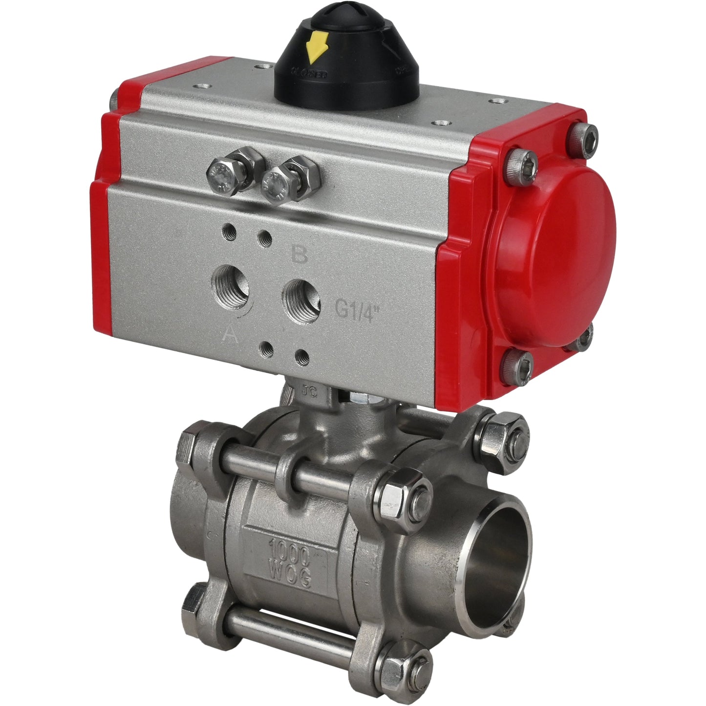 Stainless steel ball valve DNOVA kshpp-316200-sa, body material - stainless steel AISI 316, ball material - stainless steel AISI 316, seal - PTFE, pneumatic actuator operated