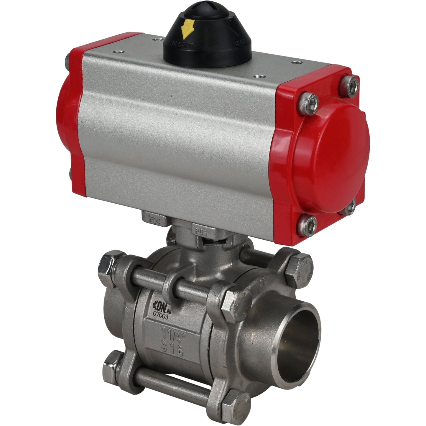 Stainless steel ball valve DNOVA kshpp-316200-sa, body material - stainless steel AISI 316, ball material - stainless steel AISI 316, seal - PTFE, pneumatic actuator operated