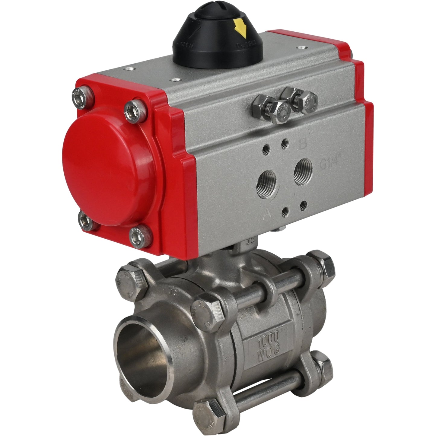 Stainless steel ball valve DNOVA kshpp-316200-sa, body material - stainless steel AISI 316, ball material - stainless steel AISI 316, seal - PTFE, pneumatic actuator operated