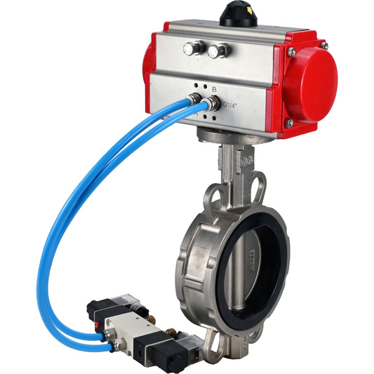 Válvula de mariposa de agua DNOVA WBV3232E-2W-Fb-H, material del cuerpo - acero inoxidable AISI 316L, material del disco - acero inoxidable AISI 316L, junta - EPDM, con actuador neumático con resortes de retorno PA-SA, 4V320-10 220V