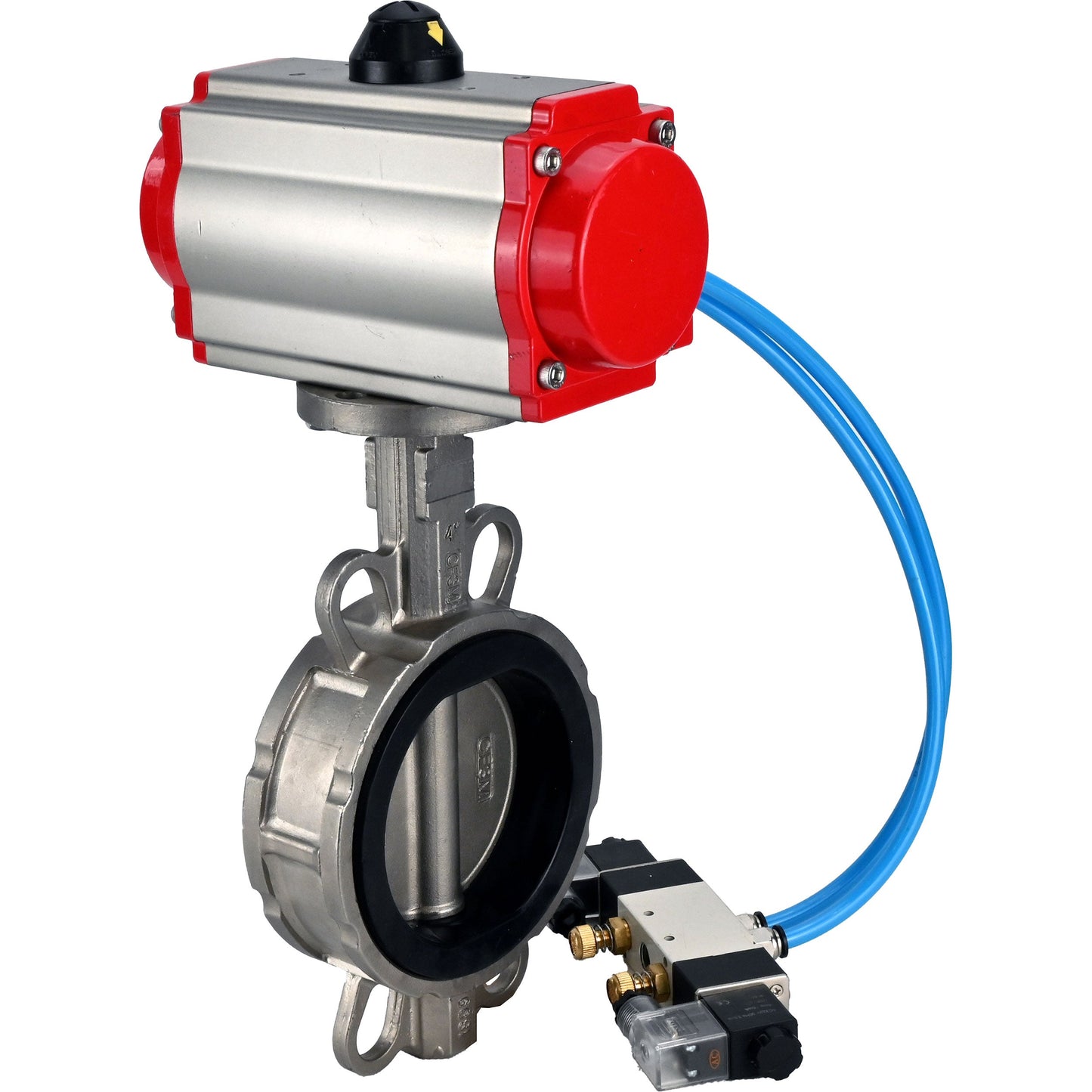 Válvula de mariposa de agua DNOVA WBV3232E-2W-Fb-H, material del cuerpo - acero inoxidable AISI 316L, material del disco - acero inoxidable AISI 316L, junta - EPDM, con actuador neumático de doble acción PA-DA, 4V320-10 220V