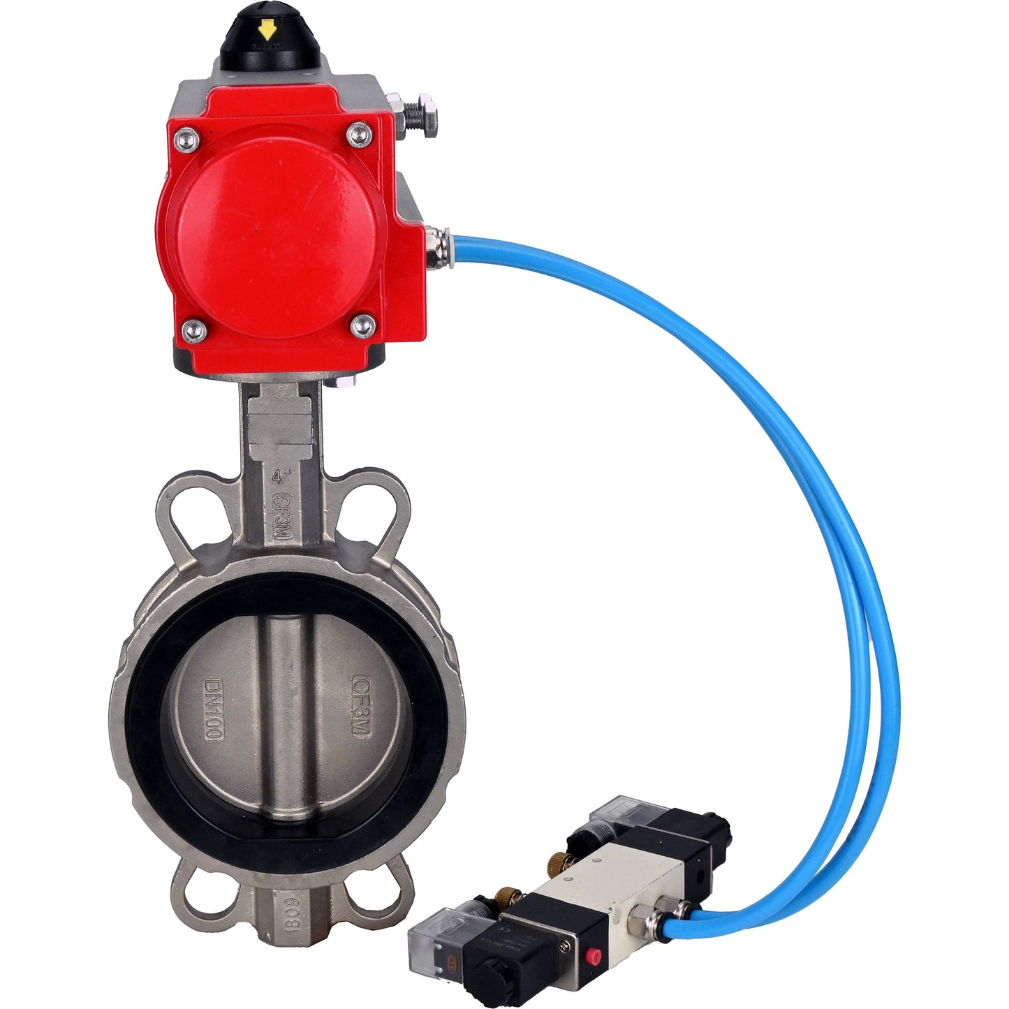 Válvula de mariposa de agua DNOVA WBV3232E-2W-Fb-H, material del cuerpo - acero inoxidable AISI 316L, material del disco - acero inoxidable AISI 316L, junta - EPDM, con actuador neumático de doble acción PA-DA, 4V320-08 220V