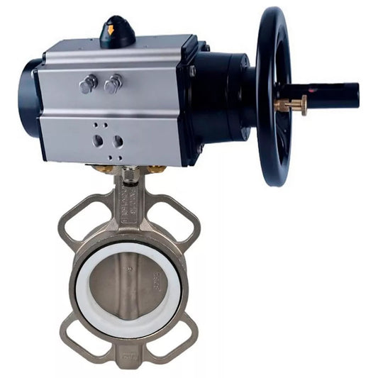 Water Butterfly Valve DNOVA 316L-316L-PTFE, body material - stainless steel AISI 316L, disk material - stainless steel AISI 316L, seal - PTFE, with pneumatic actuator double action PA-DA-105-1