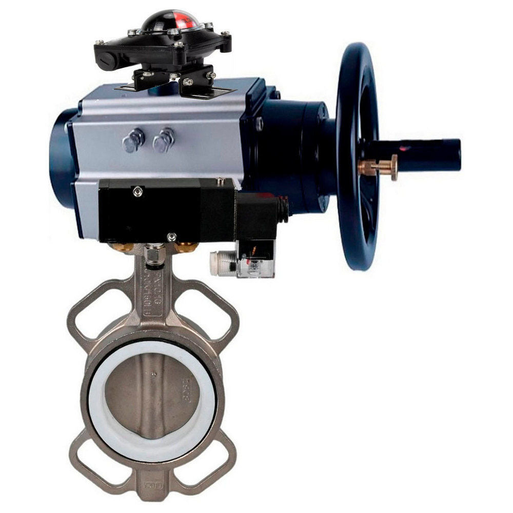 Water Butterfly Valve DNOVA WBV3432V-2W-Fb body material - Carbon steel, disk material - Stainless steel AISI 316L/1.4404, seal - Viton with pneumatic actuator double acting PA-DA-105-1, pneumatic distributor 4V320-10 220V, limit switch APL-410N EX