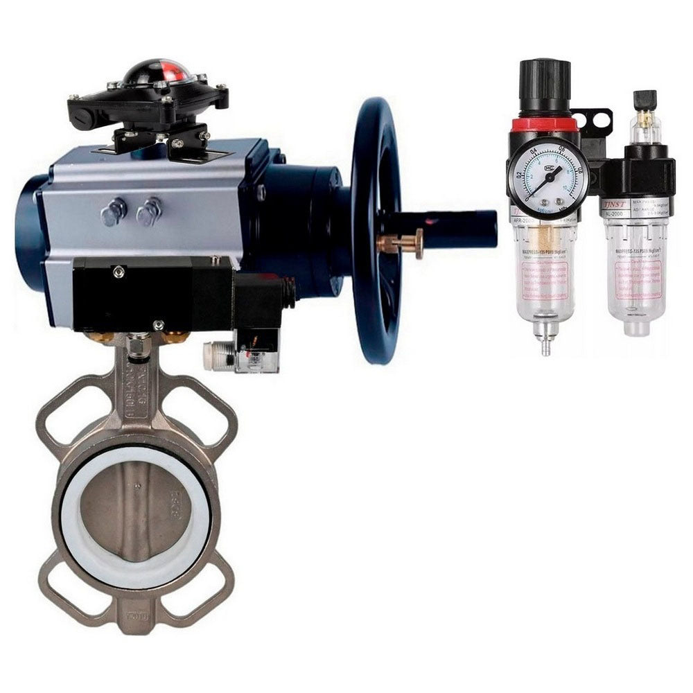 صمام فراشة الماء DNOVA WBV3232P-2W-Fb مادة الجسم - الفولاذ المقاوم للصدأ AISI 316L/1.4404، مادة القرص - الفولاذ المقاوم للصدأ AISI 316L/1.4404، الختم - PTFE مع مشغل هوائي مزدوج الفعل PA-DA-105-1، موزع هوائي 4M310-08، مفتاح حد