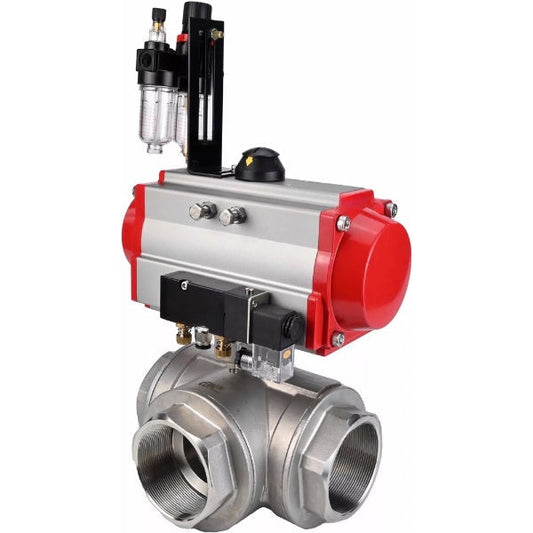 Ball valves DNOVA BV3232P(4pc)-SP-3WL-T-ISO-H,  body material - Stainless steel AISI 316, seal - PTFE / PTFE / Teflon, with pneumatic actuator with return springs PA-SA, 4V320-10 220VATU AFC2000